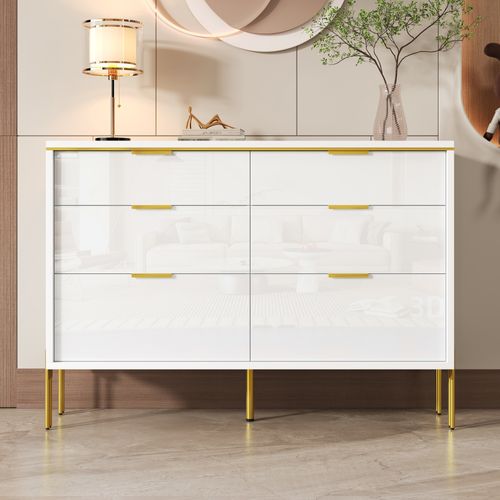 Commode Moderne 120x40x85,5 Cm Avec 6 Tiroirs, Pieds Dorés, En Panneau De Particules, Blanc
