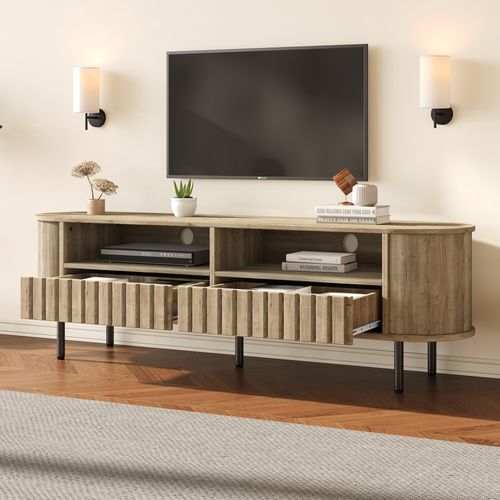 Meuble TV 160x40x48 Cm, 2 Tiroirs, 2 Compartiments Ouvertes, En Mdf, Couleur Bois