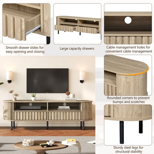 Meuble TV 160x40x48 Cm, 2 Tiroirs, 2 Compartiments Ouvertes, En Mdf, Couleur Bois