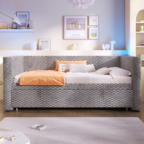 Lit enfant 90x200 avec 1 lit gigogne 90x190 Cm, LED, Sommier à Lattes, En Velours, Gris