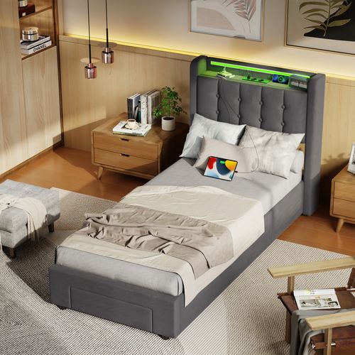 Lit Coffre Enfant 90 X 200 Cm, Lit Simple Avec LED Et USB, Velours, Gris Foncé, Sans Matelas