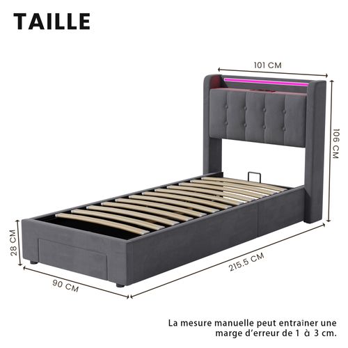 Lit Coffre Enfant 90 X 200 Cm, Lit Simple Avec LED Et USB, Velours, Gris Foncé, Sans Matelas