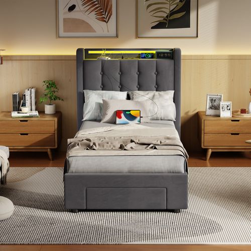 Lit Coffre Enfant 90 X 200 Cm, Lit Simple Avec LED Et USB, Velours, Gris Foncé, Sans Matelas