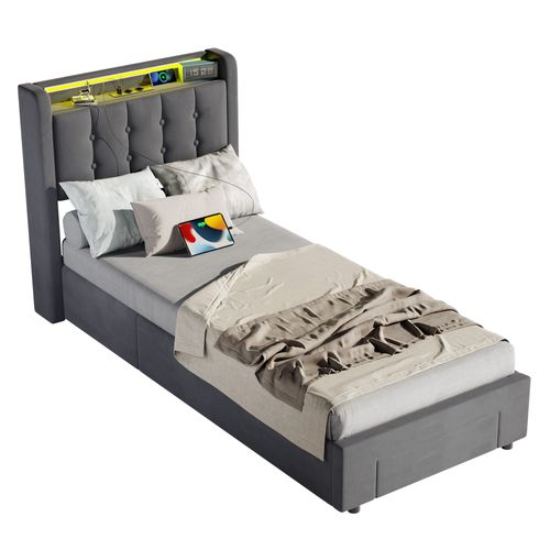 Lit Coffre Enfant 90 X 200 Cm, Lit Simple Avec LED Et USB, Velours, Gris Foncé, Sans Matelas