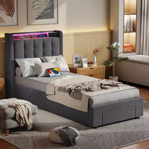 Lit Coffre Enfant 90 X 200 Cm, Lit Simple Avec LED Et USB, Velours, Gris Foncé, Sans Matelas