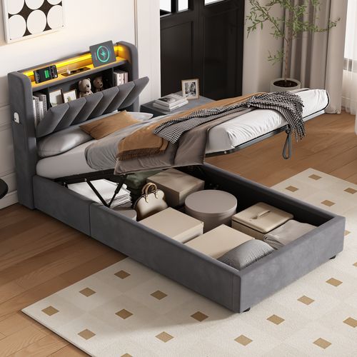 Lit Coffre Enfant 90 X 200 Cm, Lit Simple Avec LED Et USB, Velours, Gris Foncé, Sans Matelas