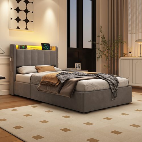 Lit Coffre Enfant 90 X 200 Cm, Lit Simple Avec LED Et USB, Velours, Gris Foncé, Sans Matelas