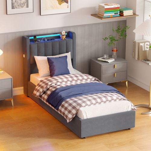 Lit Coffre Enfant 90 X 200 Cm, Lit Simple Avec LED Et USB, Velours, Gris Foncé, Sans Matelas