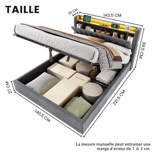 Lit Coffre Adulte 140X200 Cm, Lit Double Avec LED Et USB, Velours, Gris Foncé