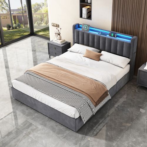 Lit Coffre Adulte 140X200 Cm, Lit Double Avec LED Et USB, Velours, Gris Foncé