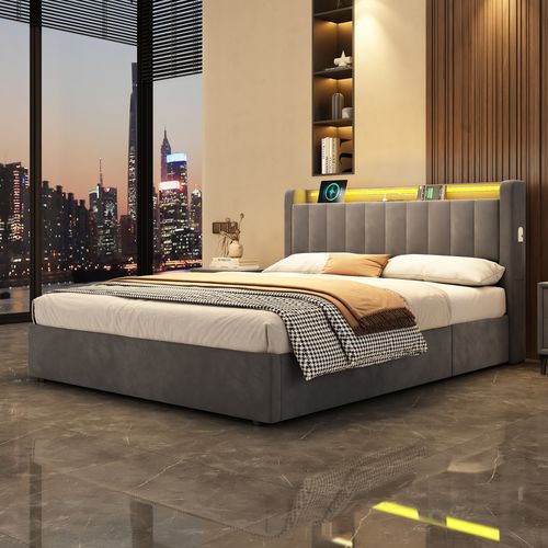 Lit Coffre Adulte 140X200 Cm, Lit Double Avec LED Et USB, Velours, Gris Foncé