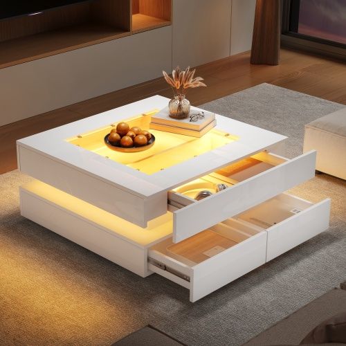 Table Basse blanc brillant 70x70x35 Cm LED, 3 Tiroirs Et Plateau verre trempé, Panneaux Particules