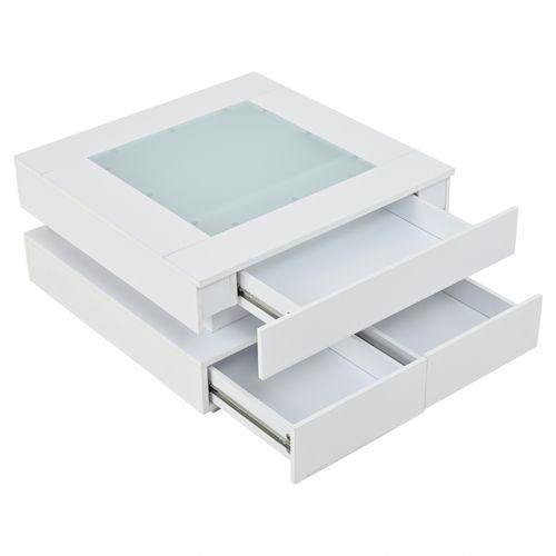 Table Basse blanc brillant 70x70x35 Cm LED, 3 Tiroirs Et Plateau verre trempé, Panneaux Particules