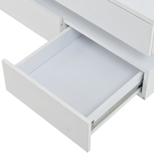 Table Basse blanc brillant 70x70x35 Cm LED, 3 Tiroirs Et Plateau verre trempé, Panneaux Particules