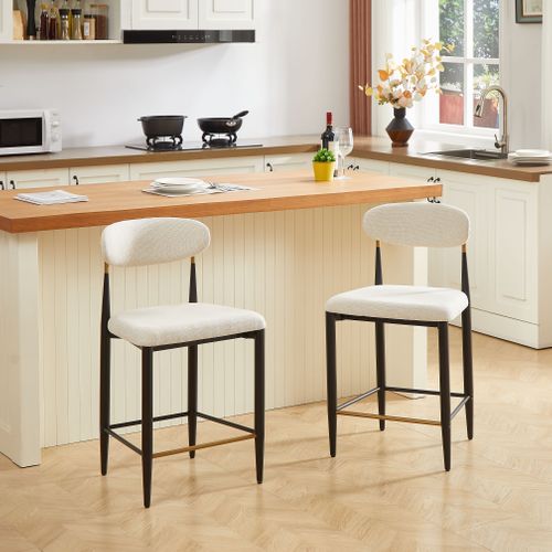 Tabouret De Bar 2 Pièces Confort Tissu Beige Pieds Métal Noir Et Or