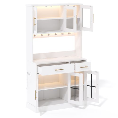Meuble De Cuisine 100x40x180 Cm Avec 6 Portes, 2 Tiroirs, LED, Prise Électrique, Mdf, Blanc