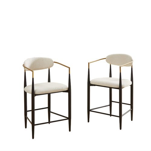 Lot De 2 Fauteuils De Bar Avec Dossier, Accoudoirs, Cadre Métallique, En Tissu, Beige Et Noir