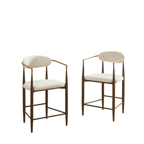 Lot De 2 Fauteuils De Bar Avec Dossier, Accoudoirs, Cadre Métallique, En Tissu, Beige Et Brun