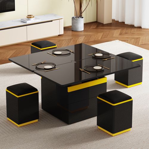 Table Basse Rectangulaire Relevable 100x50-100x43 Cm Avec 2 Tiroirs, 4 Tabourets, Mdf, Noir