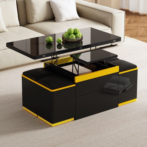 Table Basse Rectangulaire Relevable 100x50-100x43 Cm Avec 2 Tiroirs, 4 Tabourets, Mdf, Noir