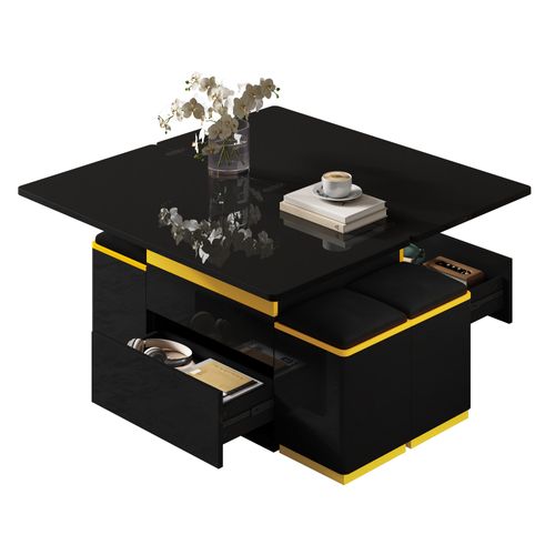 Table Basse Rectangulaire Relevable 100x50-100x43 Cm Avec 2 Tiroirs, 4 Tabourets, Mdf, Noir