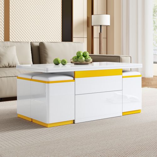 Table Basse Transformable 100x50x43 Cm, 4 Tabourets Inclus, 2 Tiroirs, Blanc