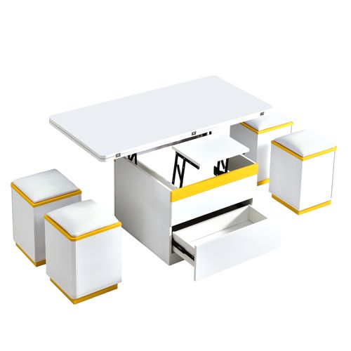 Table Basse Transformable 100x50x43 Cm, 4 Tabourets Inclus, 2 Tiroirs, Blanc