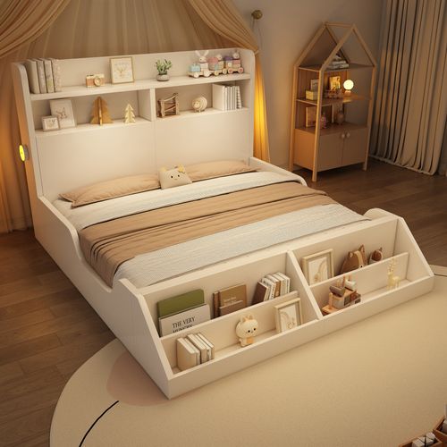 Lit Double 140 X 200 Cm Avec Étagères, 2 Veilleuses Et Range-livres Amovible, Bois, Blanc