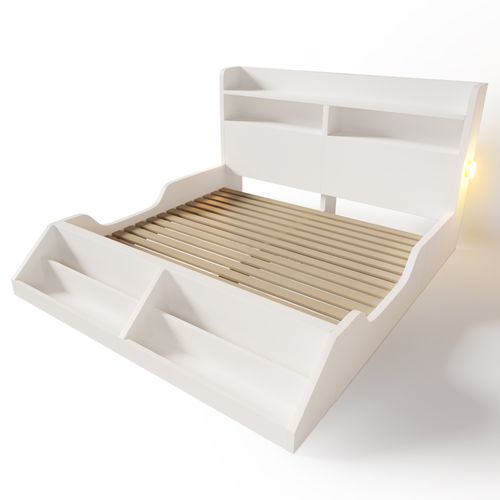 Lit Double 140 X 200 Cm Avec Étagères, 2 Veilleuses Et Range-livres Amovible, Bois, Blanc