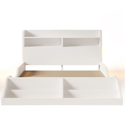 Lit Double 140 X 200 Cm Avec Étagères, 2 Veilleuses Et Range-livres Amovible, Bois, Blanc