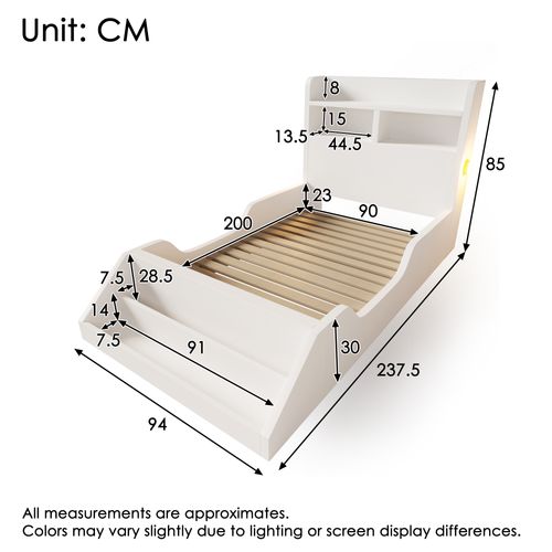 Lit Simple Enfant 90 X 200 Cm Avec Étagères, 2 Veilleuses Et Range-livres Amovible, Bois, Blanc