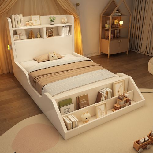 Lit Simple Enfant 90 X 200 Cm Avec Étagères, 2 Veilleuses Et Range-livres Amovible, Bois, Blanc