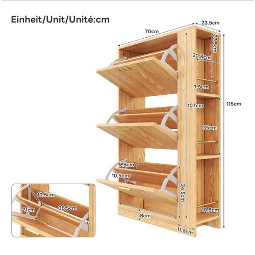 Meuble à Chaussures Moderne 70x23,5x115 Cm Avec 3 Portes, Étagères Ouvertes, En Mdf, Naturel