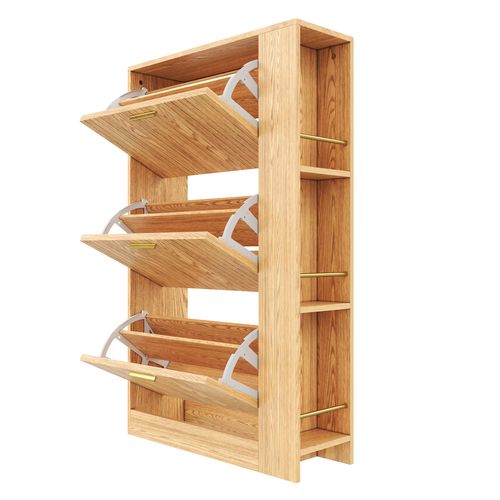 Meuble à Chaussures Moderne 70x23,5x115 Cm Avec 3 Portes, Étagères Ouvertes, En Mdf, Naturel