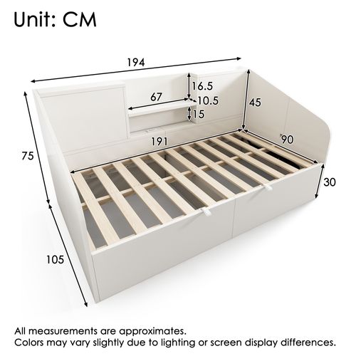 Lit Coffre Enfant 90x190 Cm Avec Rangement, Lit Simple Avec Sommier, Port USB, Bois, Blanc