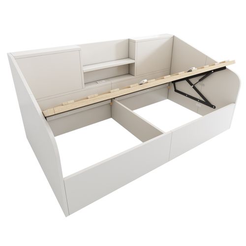 Lit Coffre Enfant 90x190 Cm Avec Rangement, Lit Simple Avec Sommier, Port USB, Bois, Blanc