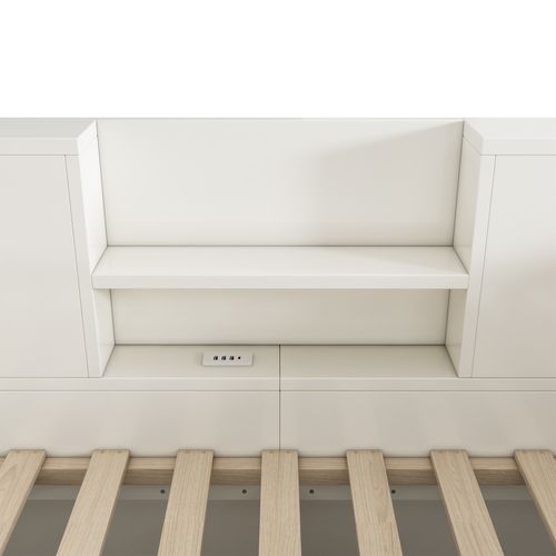Lit Coffre Enfant 90x190 Cm Avec Rangement, Lit Simple Avec Sommier, Port USB, Bois, Blanc