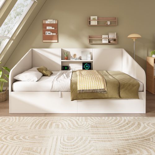 Lit Coffre Adulte 140x190 Cm Avec Rangement, Lit Simple Avec Sommier, Port USB, Bois, Blanc