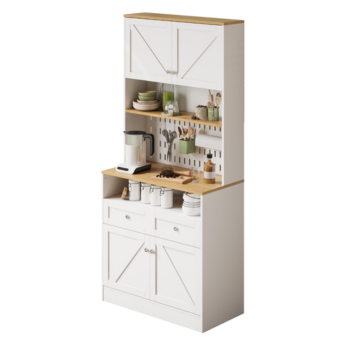 Buffet De Cuisine 80x40x175 Cm Avec 2 Tiroirs, 4 Portes, Étagères Ouvertes, Mdf, Blanc