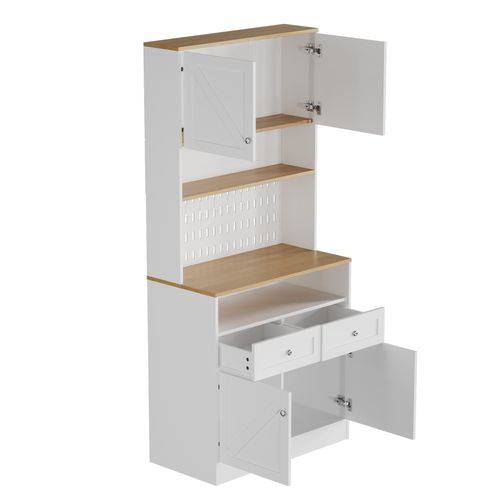 Buffet De Cuisine 80x40x175 Cm Avec 2 Tiroirs, 4 Portes, Étagères Ouvertes, Mdf, Blanc