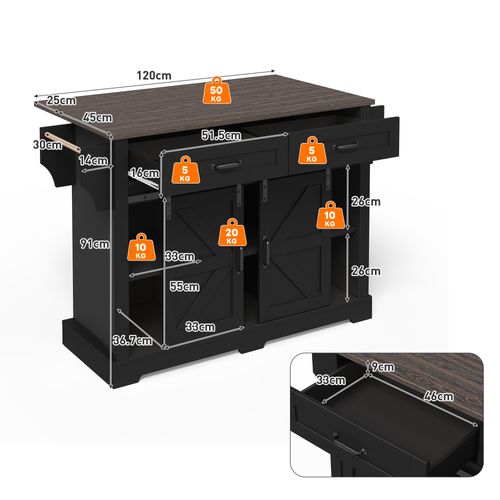 Îlot De Cuisine 120 X 45/70 X 91 Cm Avec 2 Tiroirs, 2 Portes Coulissantes, Roulettes, Noir