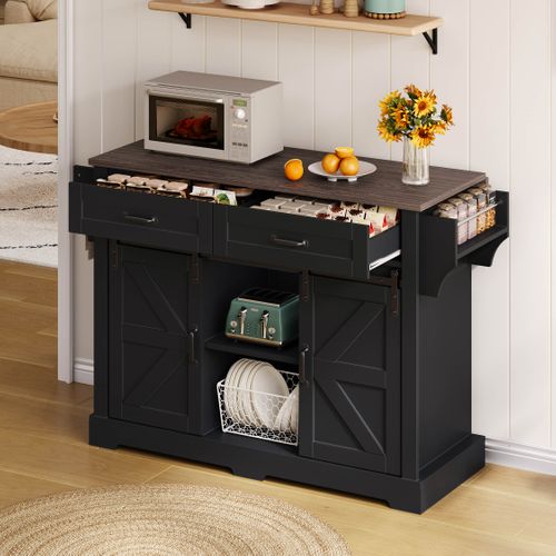 Îlot De Cuisine 120 X 45/70 X 91 Cm Avec 2 Tiroirs, 2 Portes Coulissantes, Roulettes, Noir