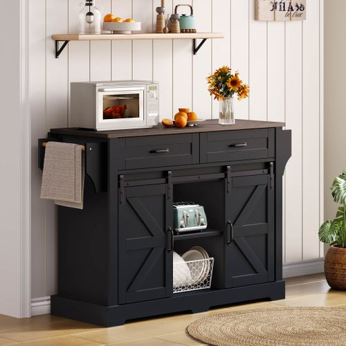 Îlot De Cuisine 120 X 45/70 X 91 Cm Avec 2 Tiroirs, 2 Portes Coulissantes, Roulettes, Noir