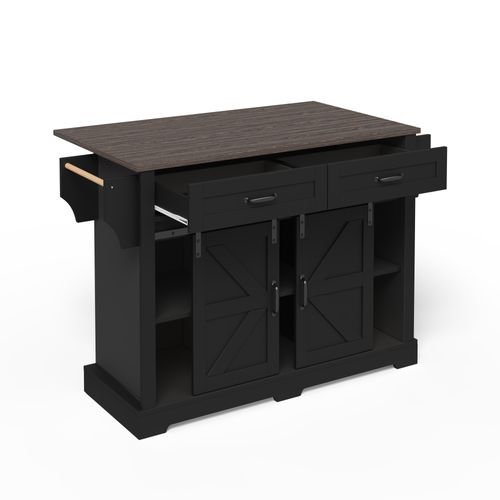 Îlot De Cuisine 120 X 45/70 X 91 Cm Avec 2 Tiroirs, 2 Portes Coulissantes, Roulettes, Noir