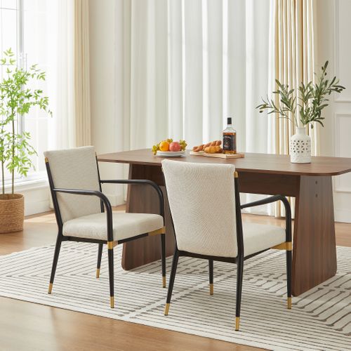 Lot De 2 Fauteuils Salle à Manger Avec Accoudoirs, Tissu Beige, Métal Noir Et Or