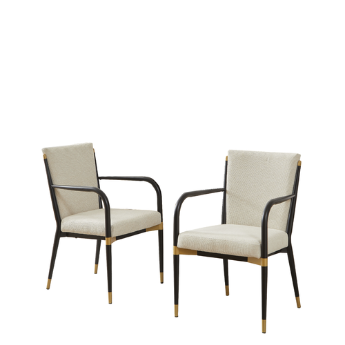 Lot De 2 Fauteuils Salle à Manger Avec Accoudoirs, Tissu Beige, Métal Noir Et Or