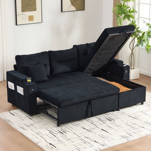 Canapé Convertible 3 Places 212,5×136×86 Cm Avec Rangement, Porte-gobelets, USB-c, Tissu, Noir