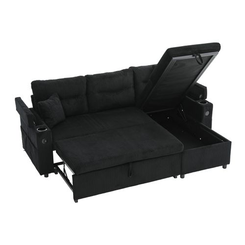 Canapé Convertible 3 Places 212,5×136×86 Cm Avec Rangement, Porte-gobelets, USB-c, Tissu, Noir