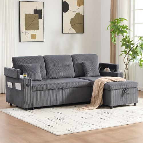 Canapé Convertible 3 Places 212,5×136×86 Cm, Rangement, Porte-gobelets, USB, Tissu, Gris Carbone