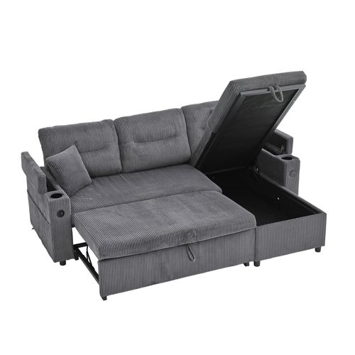 Canapé Convertible 3 Places 212,5×136×86 Cm, Rangement, Porte-gobelets, USB, Tissu, Gris Carbone